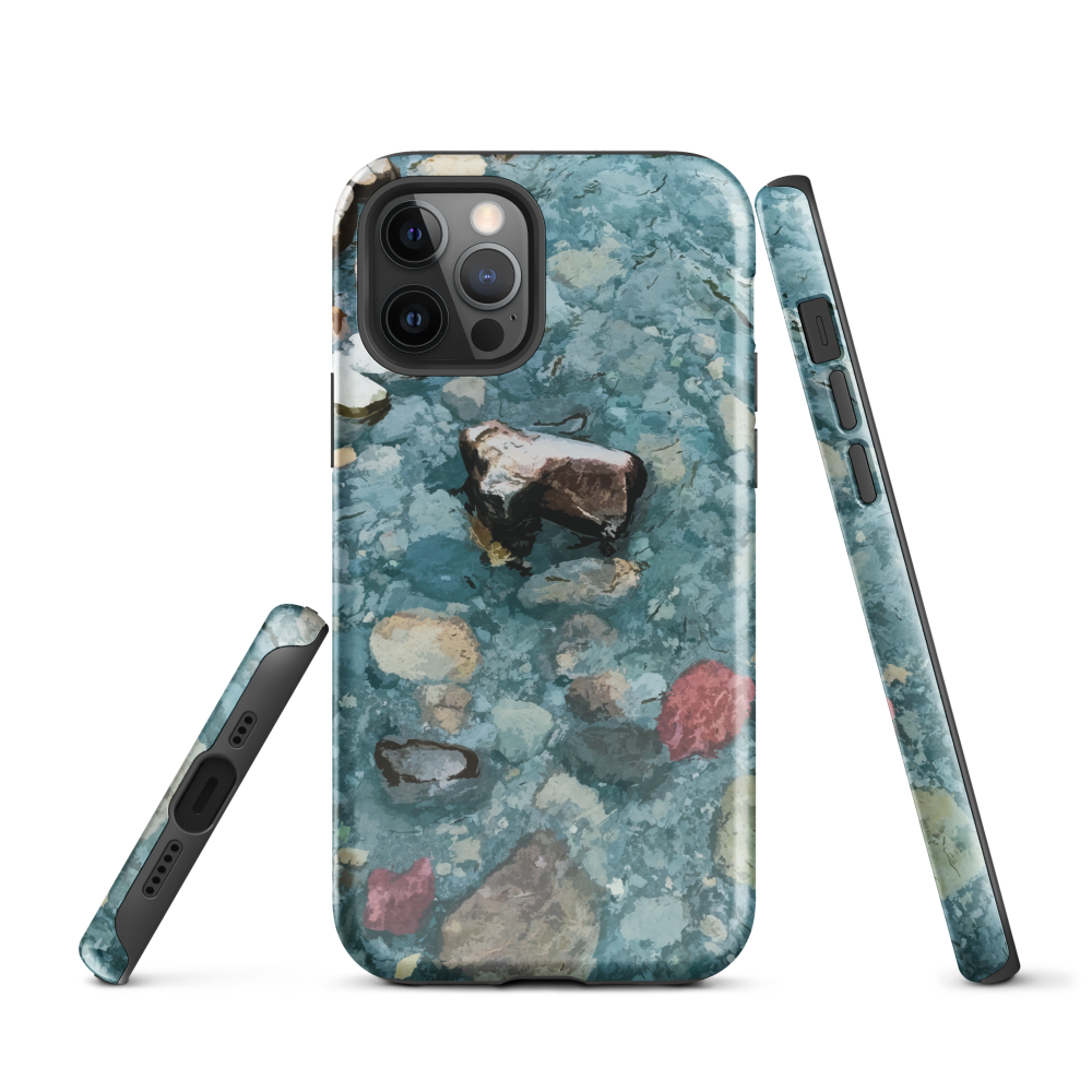 Washed Away designer phone case with abstract river stone artwork in earthy blues and natural tones.