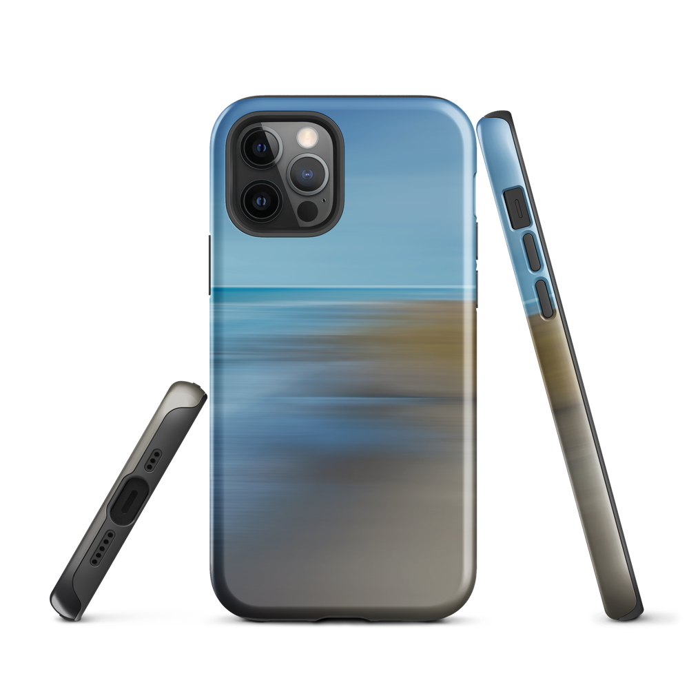 Ocean Breeze phone case with abstract blue and sandy tones inspired by sea and sky.