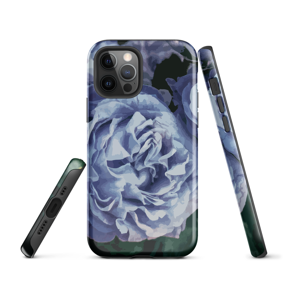 Designer phone case with a bold blue rose artwork and glossy finish.