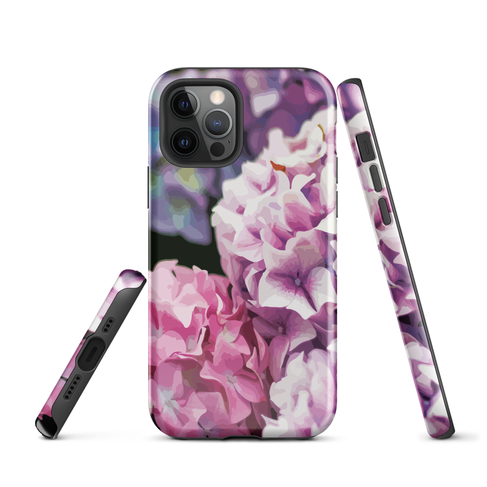 Designer phone case with pink and purple hydrangea floral artwork.