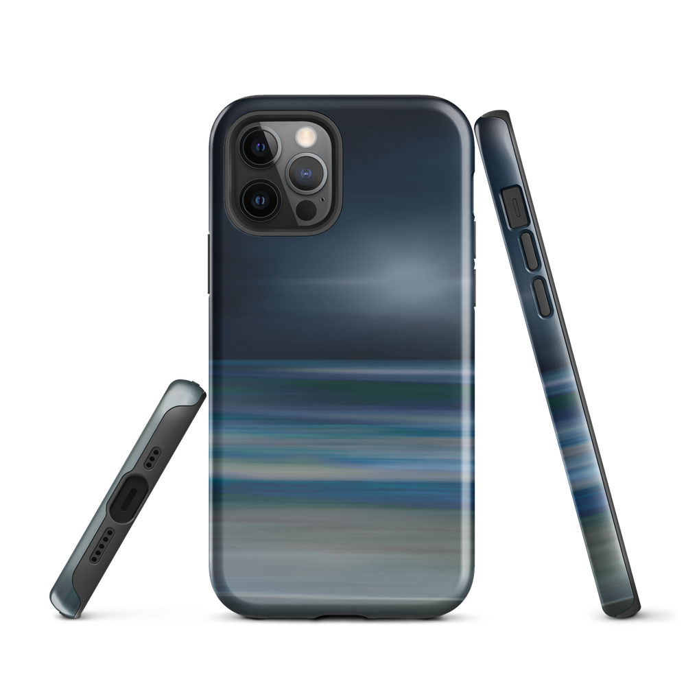Dark abstract phone case with blue and grey streaks and glossy finish.