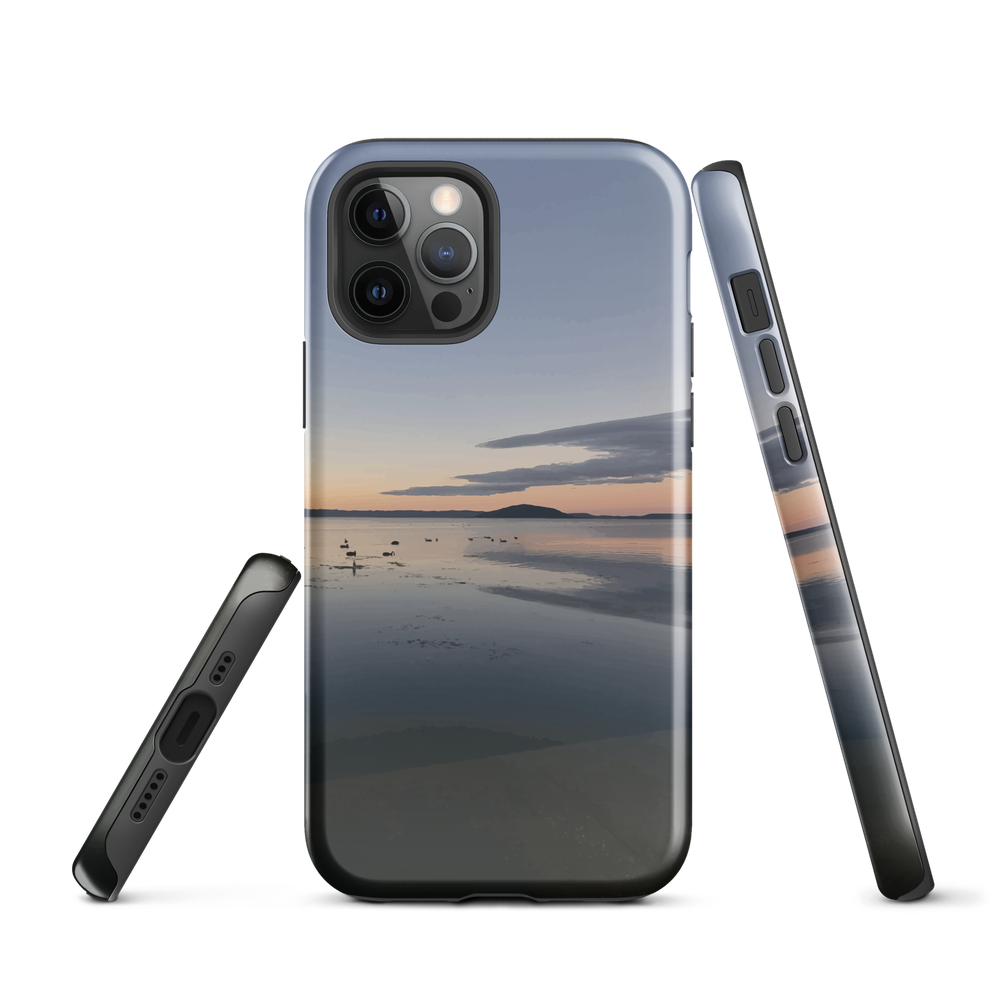 Phone case with tranquil lake scene at sunrise and distant hills.