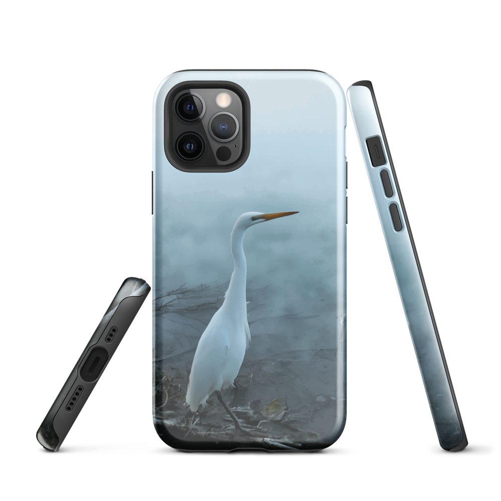 Phone case with a white heron standing in a misty wetland scene.