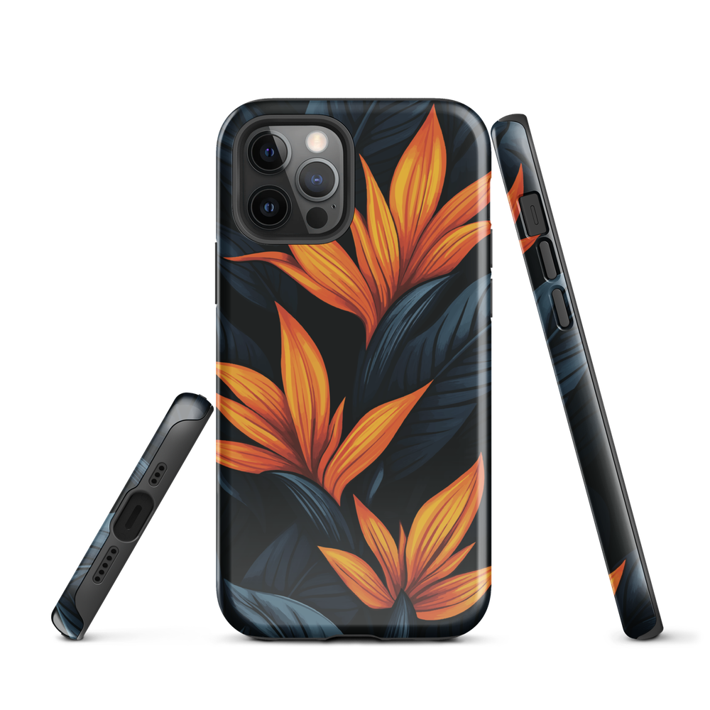 Phone case with bold orange bird of paradise flowers on dark background.