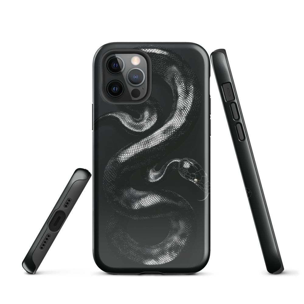 Phone case with detailed black python design on dark background.