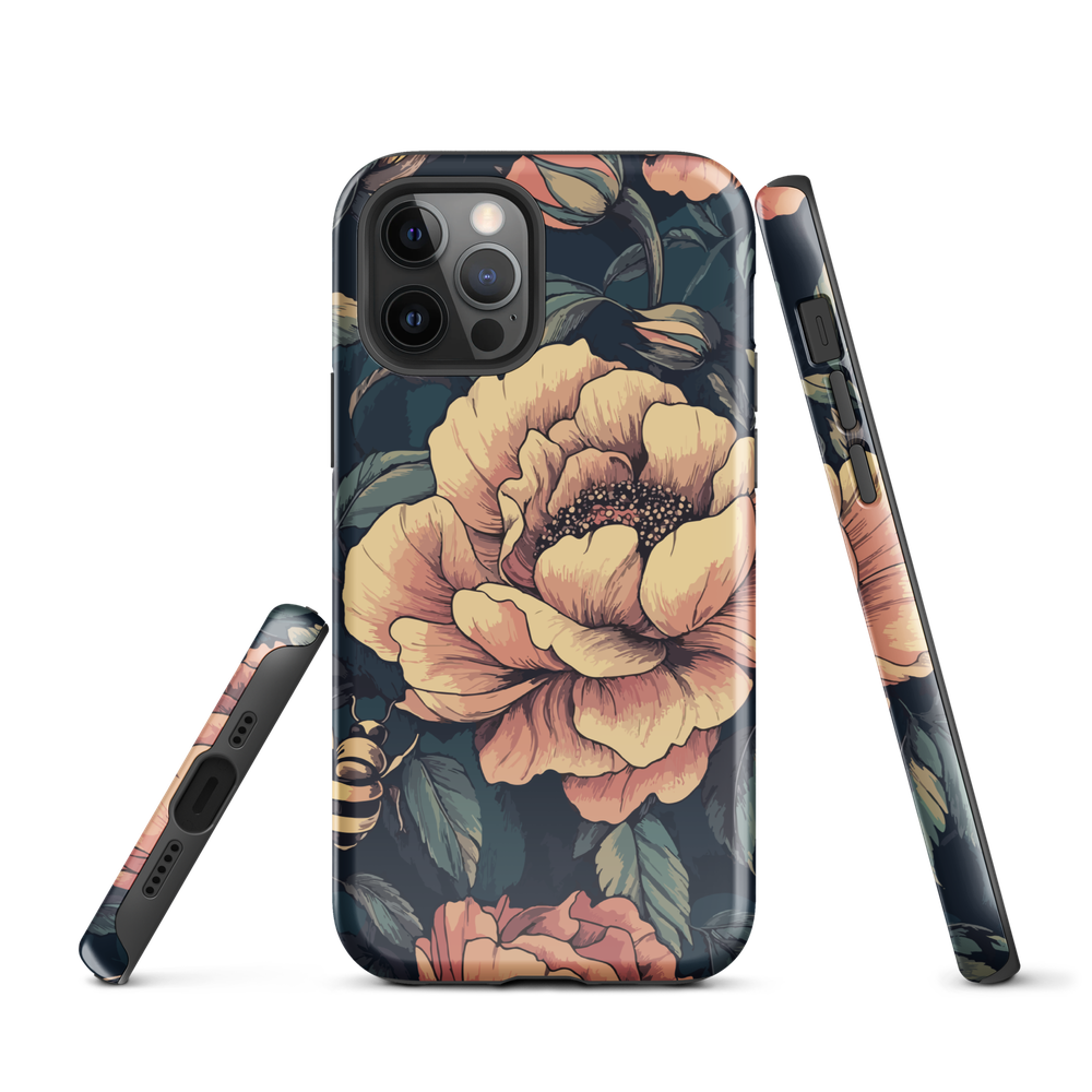 Phone case with vintage-style pink roses and bees on dark background, floral New Zealand artwork.