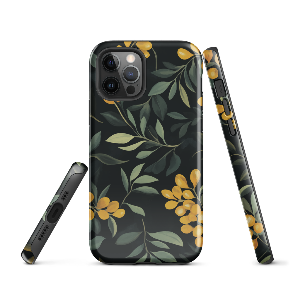 NZ Kowhai phone case with native yellow floral and green leaves on black background by designer Ben Hart.