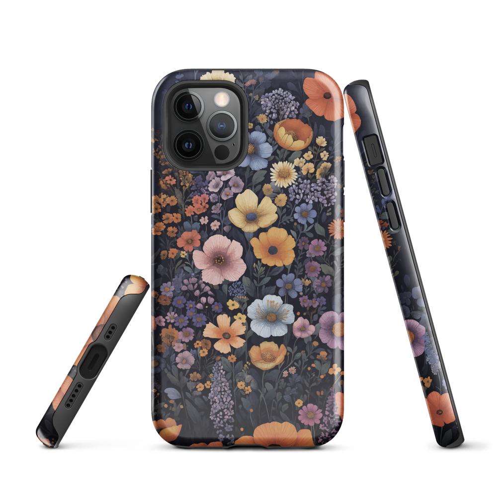 Phone case with colourful wildflowers on dark background, floral art design