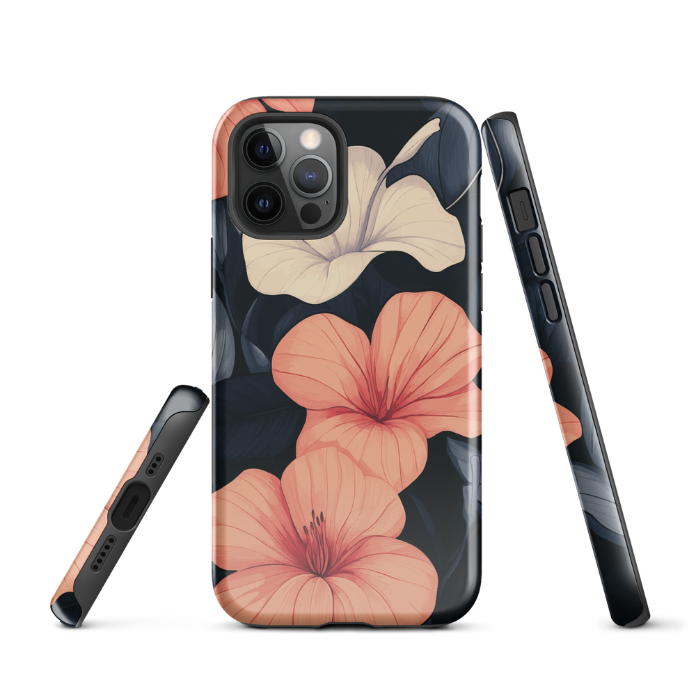 Phone case with coral hibiscus flowers and ivory blooms on dark background