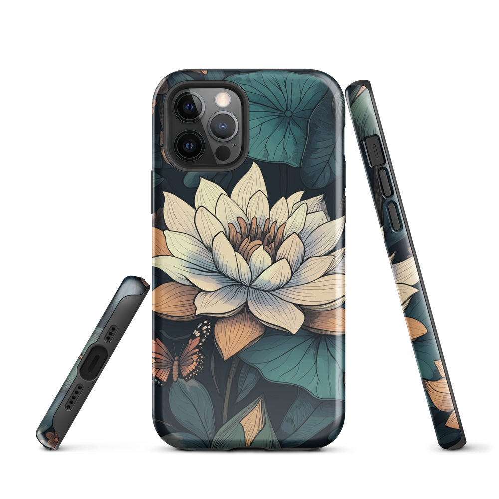 Phone case with ivory water lily, green leaves, and butterfly accents on dark background
