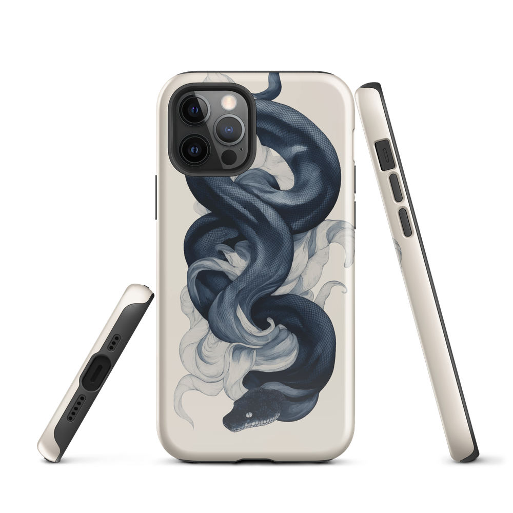 Phone case with black python and smoke design on cream background