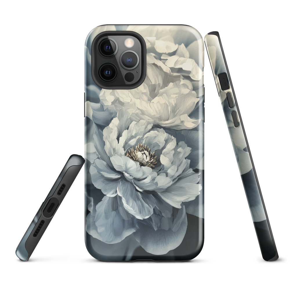 'Whisper' iPhone case features a stunning close-up of softly painted peony blooms in dreamy shades of ivory, grey, and smoky blue.