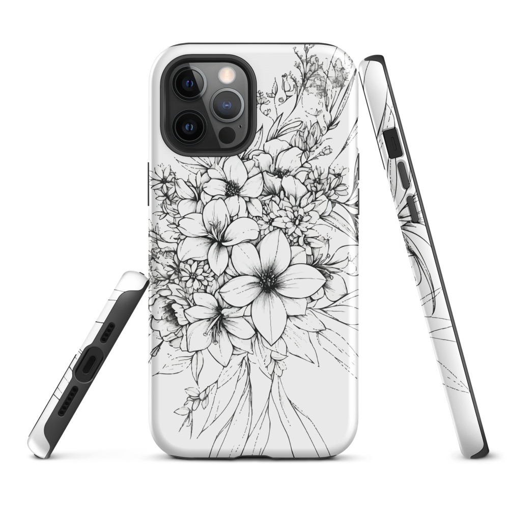 Black and white floral phone case with hand-drawn lilies and wildflowers