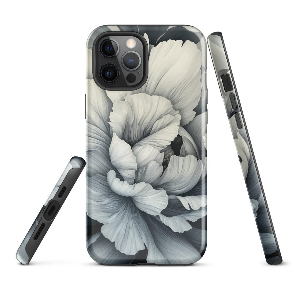 Black and white floral phone case featuring a soft, moody peony design by New Zealand artist Ben Hart.