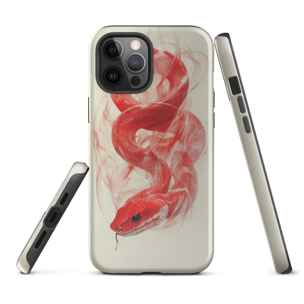 Phone case with red snake design on a cream background, coiled in smoky detail. Bold artwork by NZ designer Ben Hart.