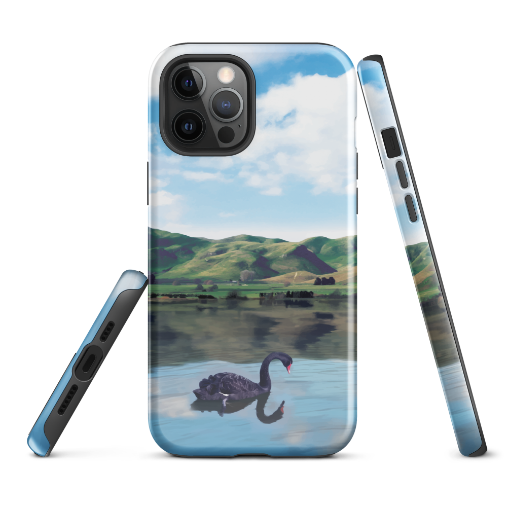 Phone case with a black swan on a calm lake, New Zealand hills in the background. Art by NZ designer Ben Hart.