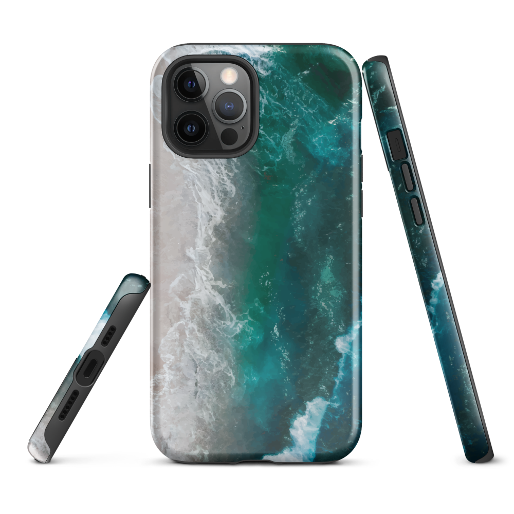 Ocean wave phone case with abstract beach design in teal and white, by NZ artist Ben Hart.