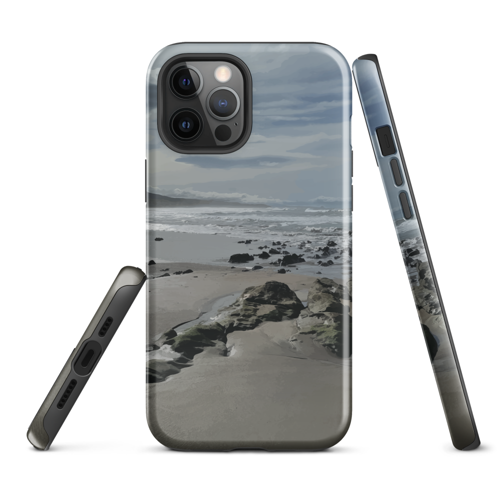 Phone case with artwork of Riversdale Beach, Masterton – rocks, waves and sky by NZ artist Ben Hart.