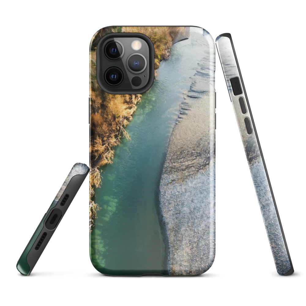 Phone case with aerial riverbend artwork and earthy tones, designed by New Zealand artist Ben Hart.