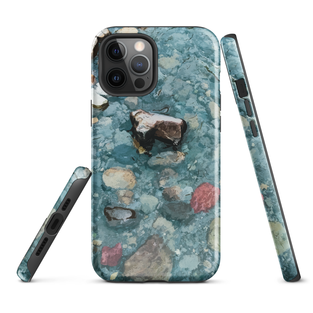 Washed Away designer phone case with abstract river stone artwork in earthy blues and natural tones.