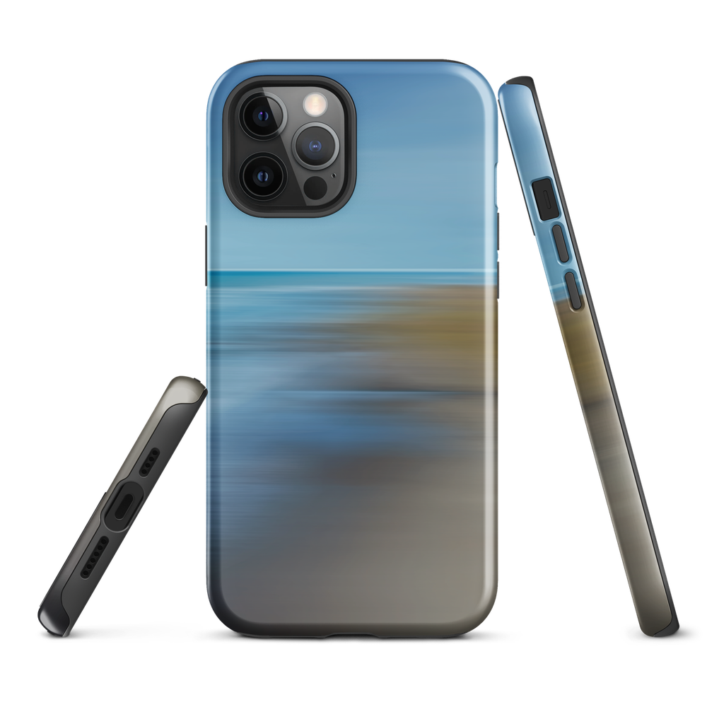 Ocean Breeze phone case with abstract blue and sandy tones inspired by sea and sky.