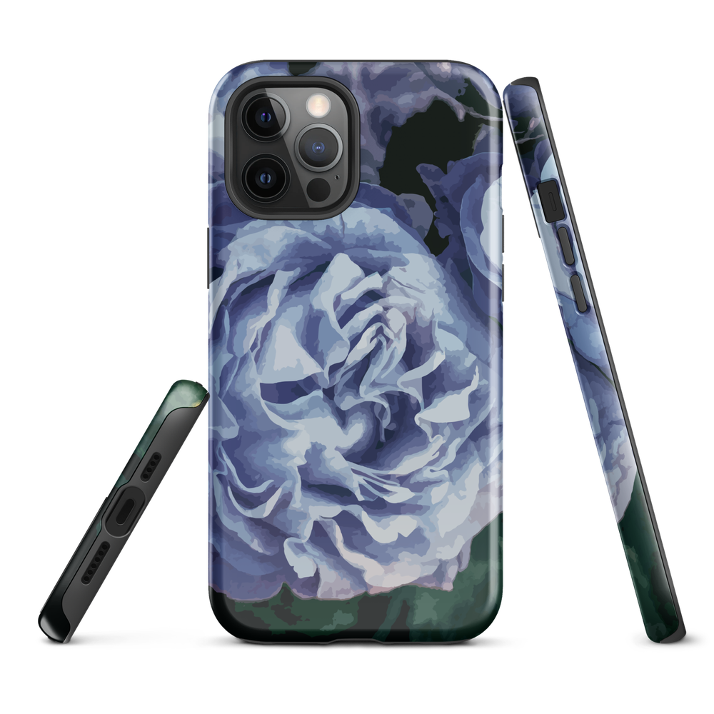 Designer phone case with a bold blue rose artwork and glossy finish.