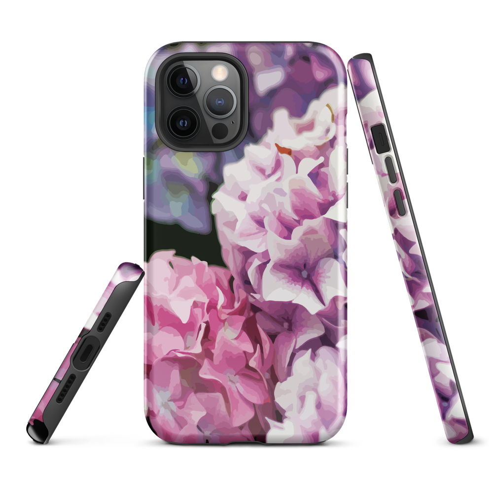 Designer phone case with pink and purple hydrangea floral artwork.