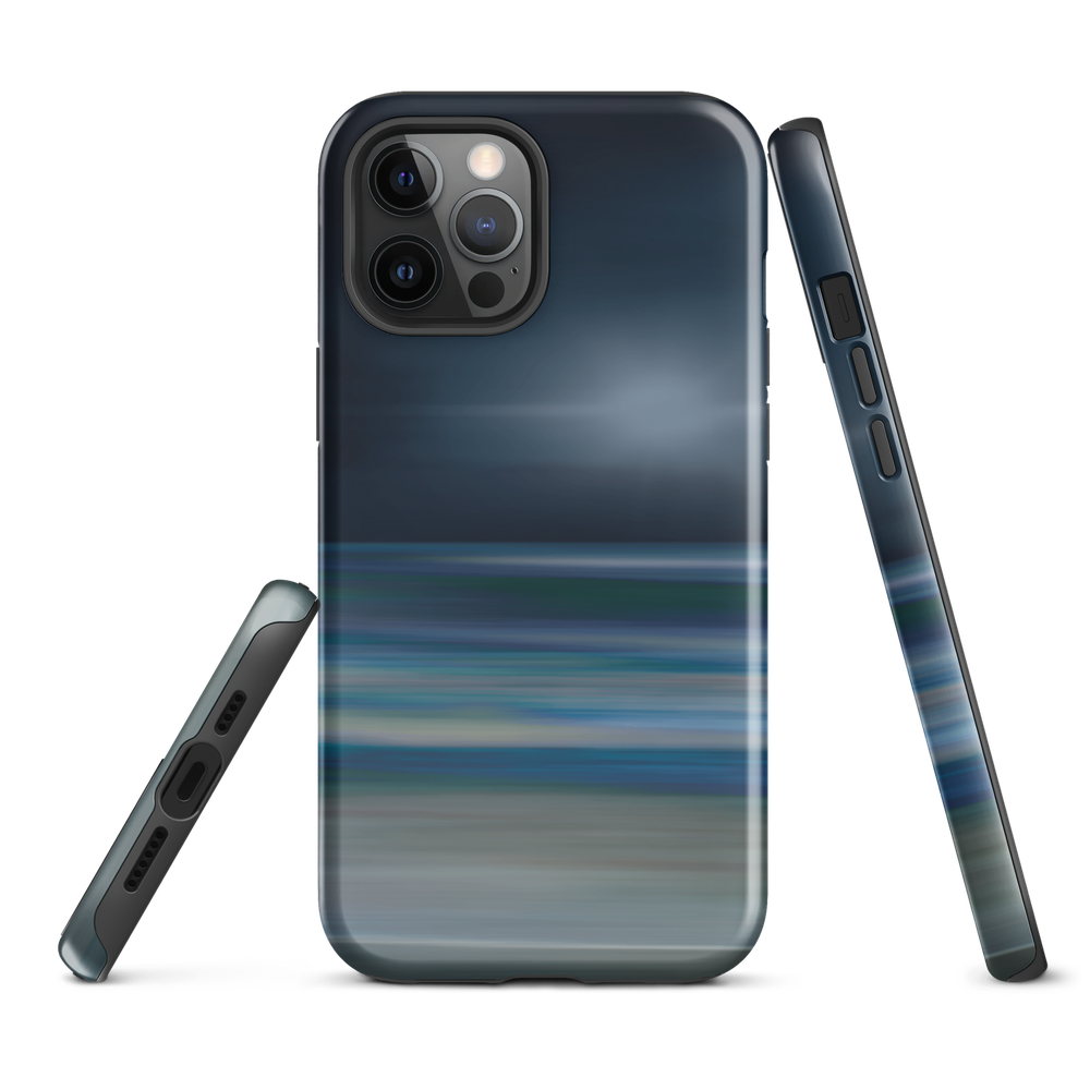 Dark abstract phone case with blue and grey streaks and glossy finish.
