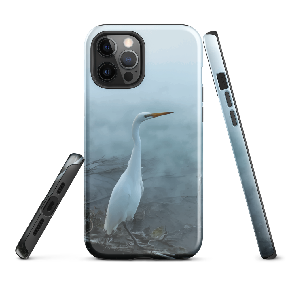 Phone case with a white heron standing in a misty wetland scene.