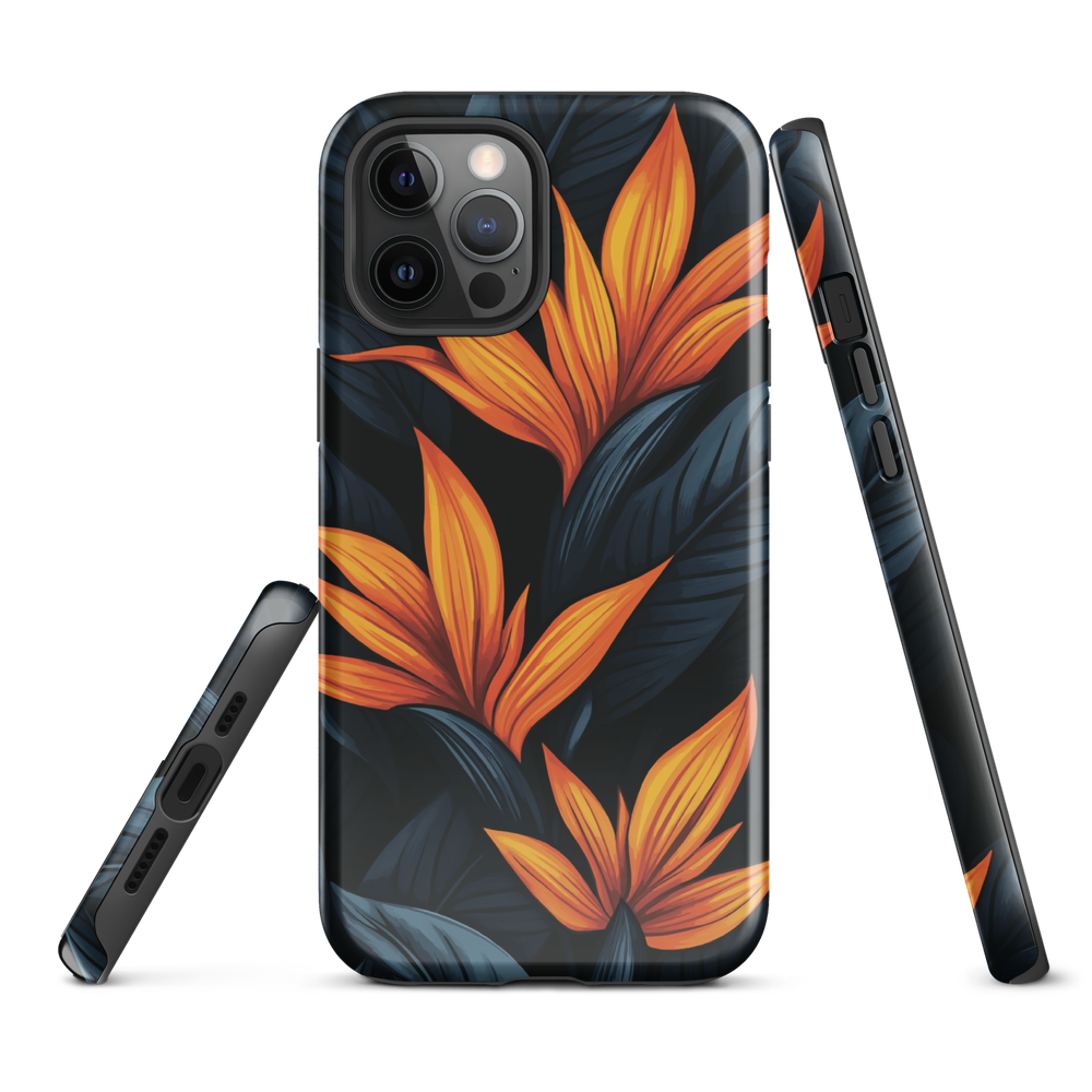 Phone case with bold orange bird of paradise flowers on dark background.