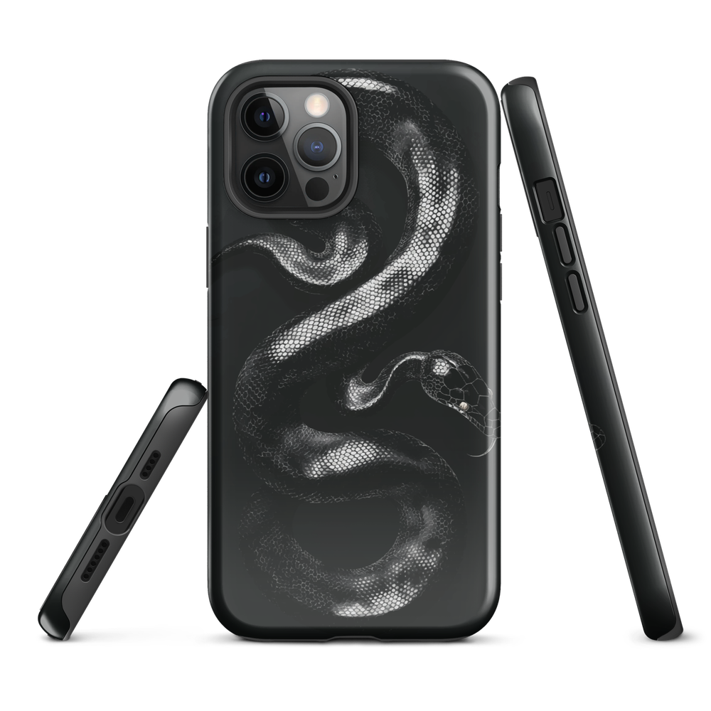 Phone case with detailed black python design on dark background.