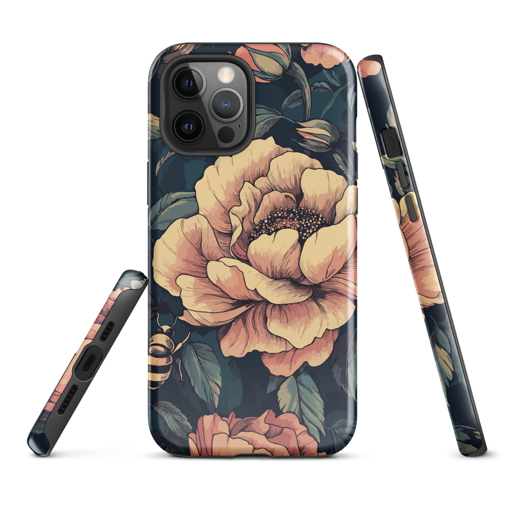 Phone case with vintage-style pink roses and bees on dark background, floral New Zealand artwork.