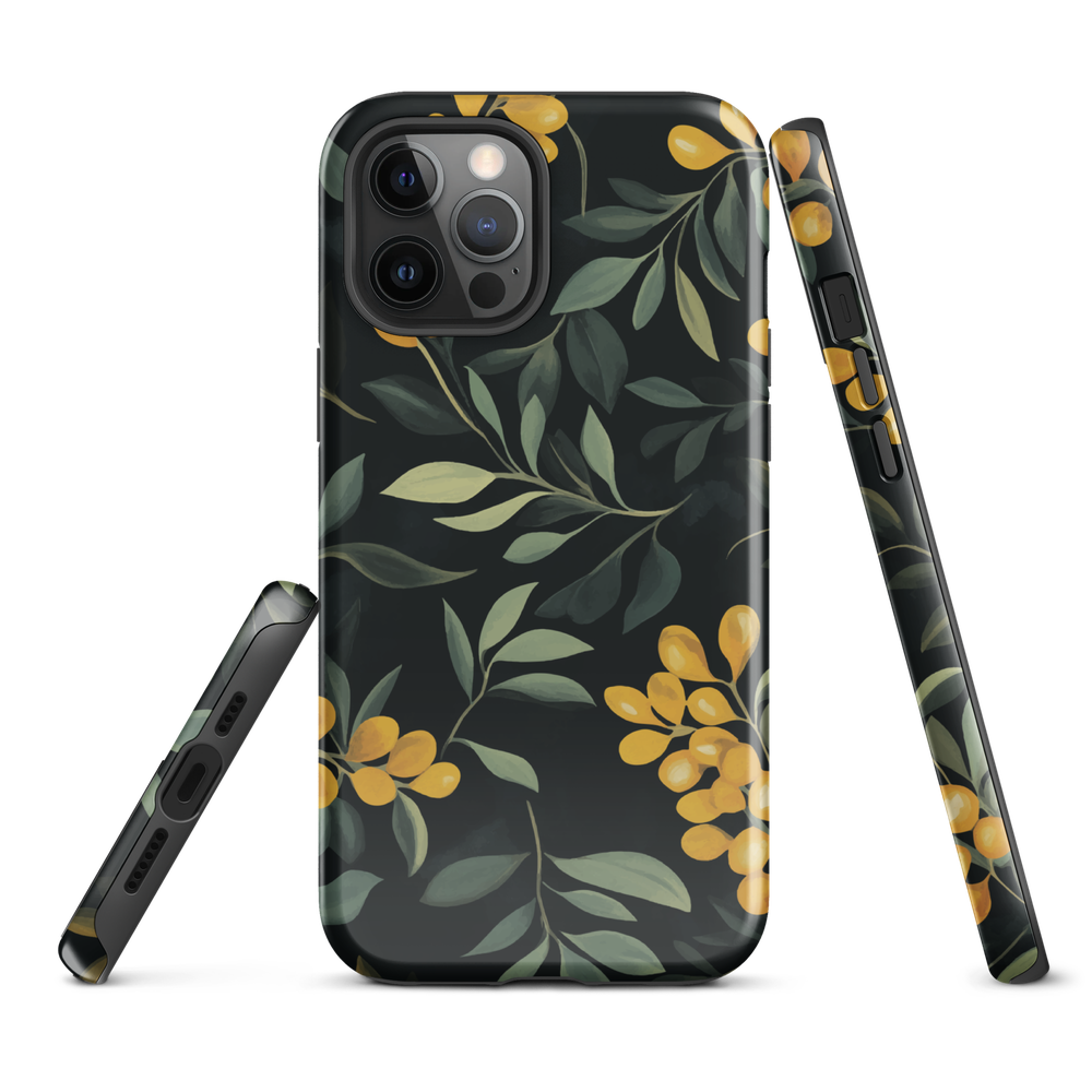 NZ Kowhai phone case with native yellow floral and green leaves on black background by designer Ben Hart.