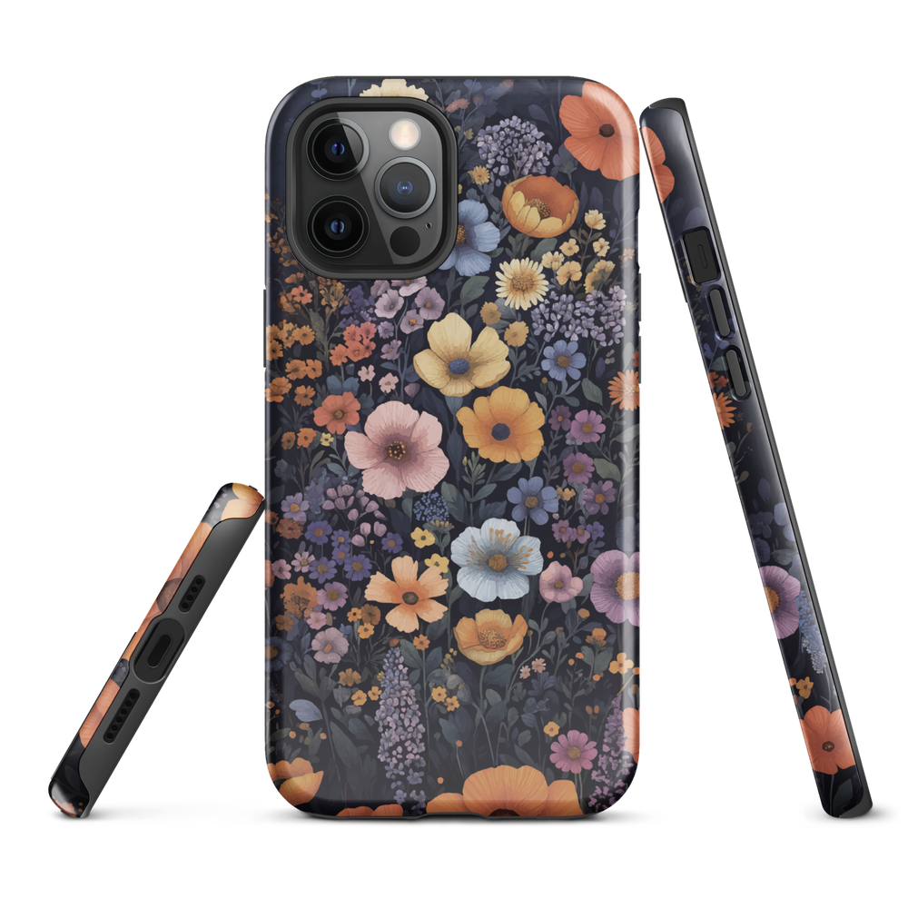 Phone case with colourful wildflowers on dark background, floral art design