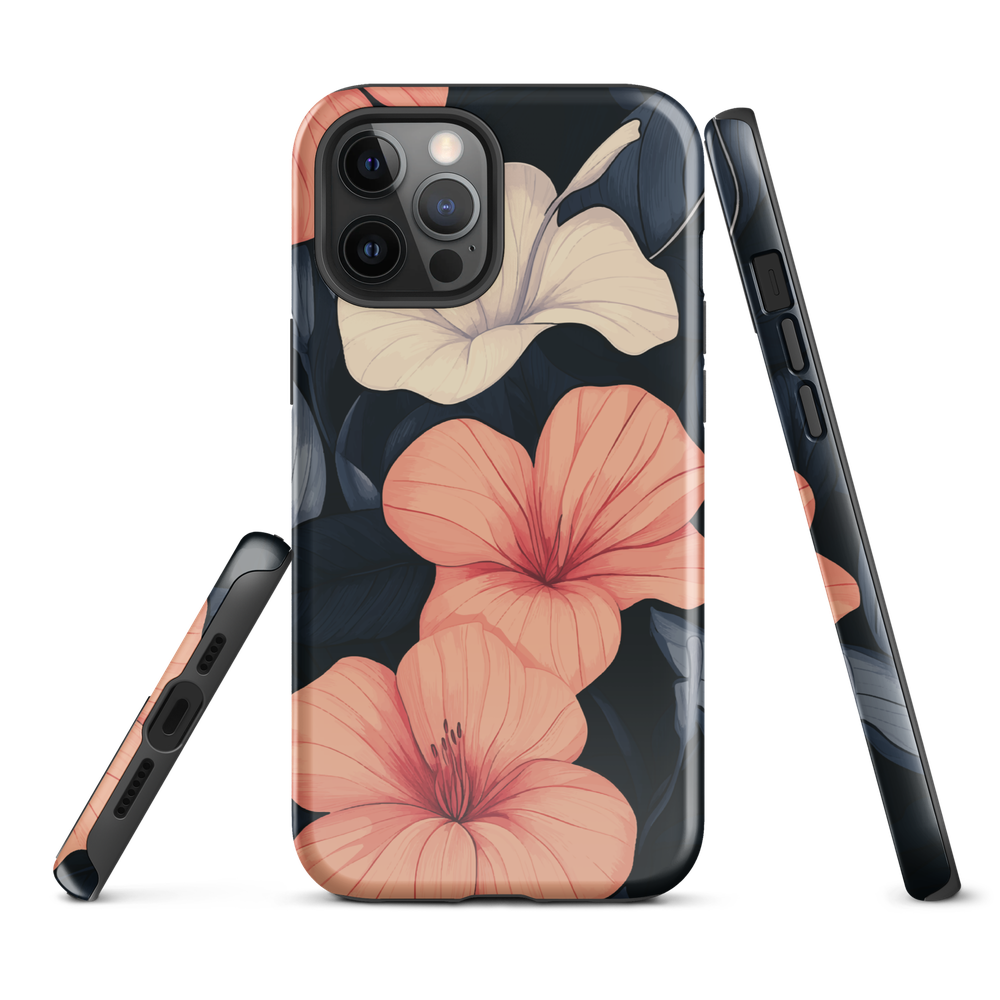 Phone case with coral hibiscus flowers and ivory blooms on dark background