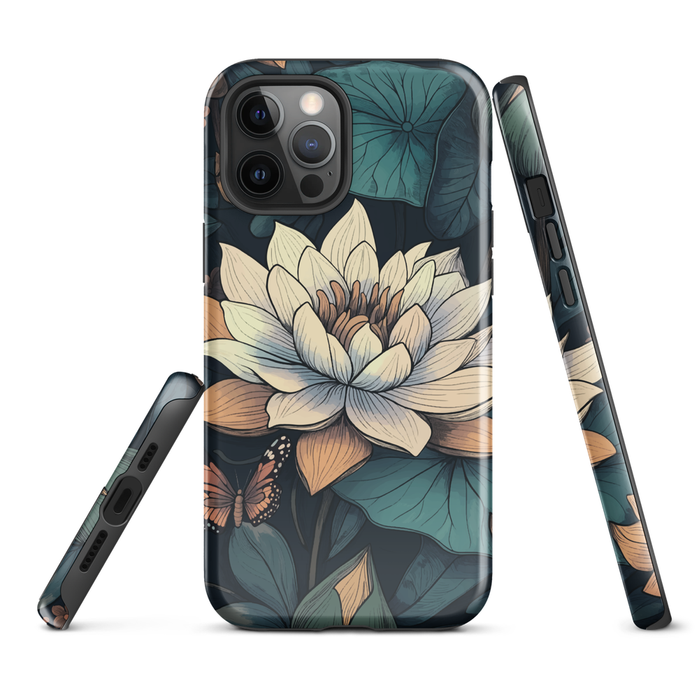 Phone case with ivory water lily, green leaves, and butterfly accents on dark background