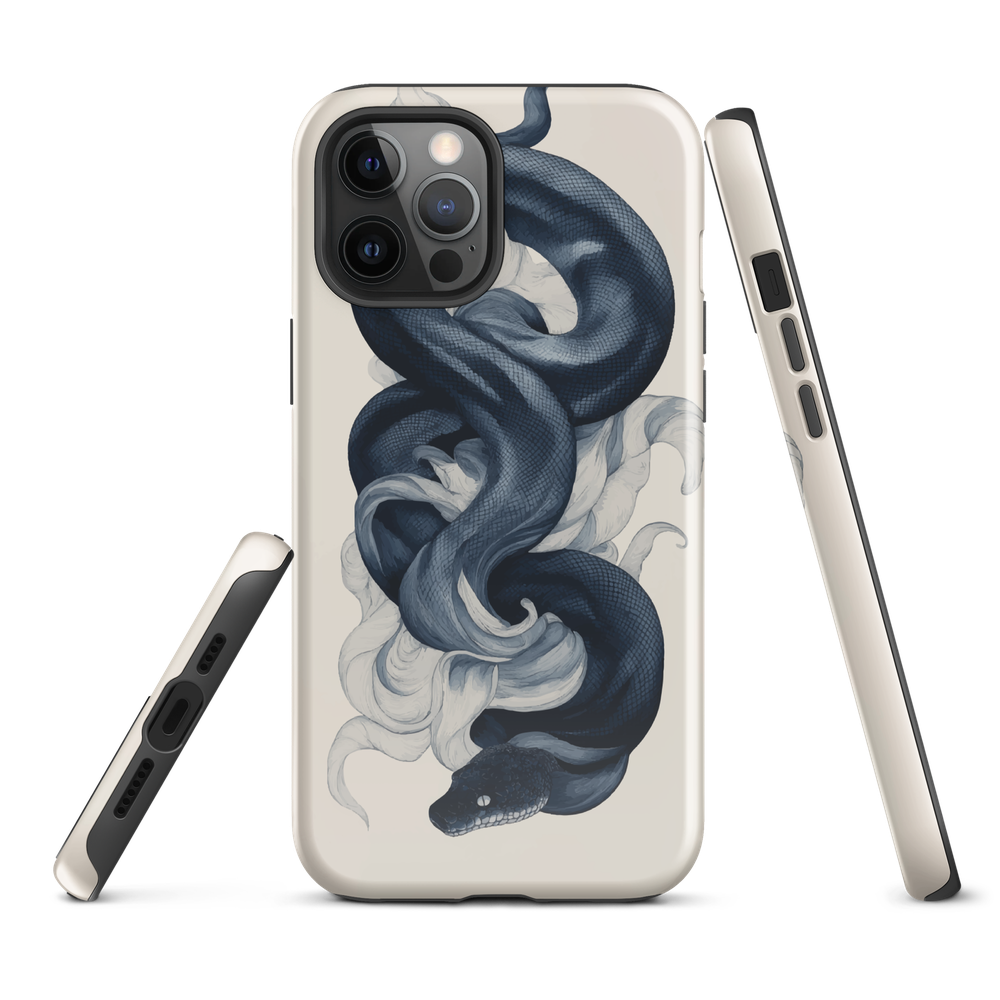 Phone case with black python and smoke design on cream background