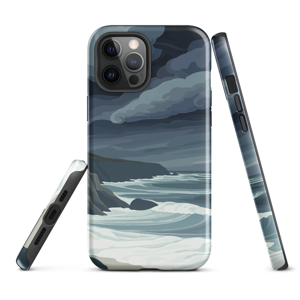 Phone case featuring moody Cape Kidnappers coastline with crashing waves and dark skies