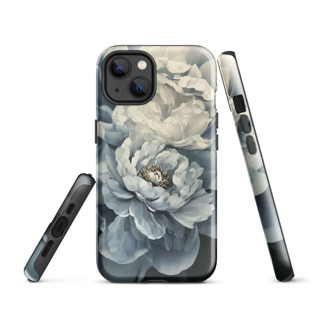 'Whisper' iPhone case features a stunning close-up of softly painted peony blooms in dreamy shades of ivory, grey, and smoky blue.