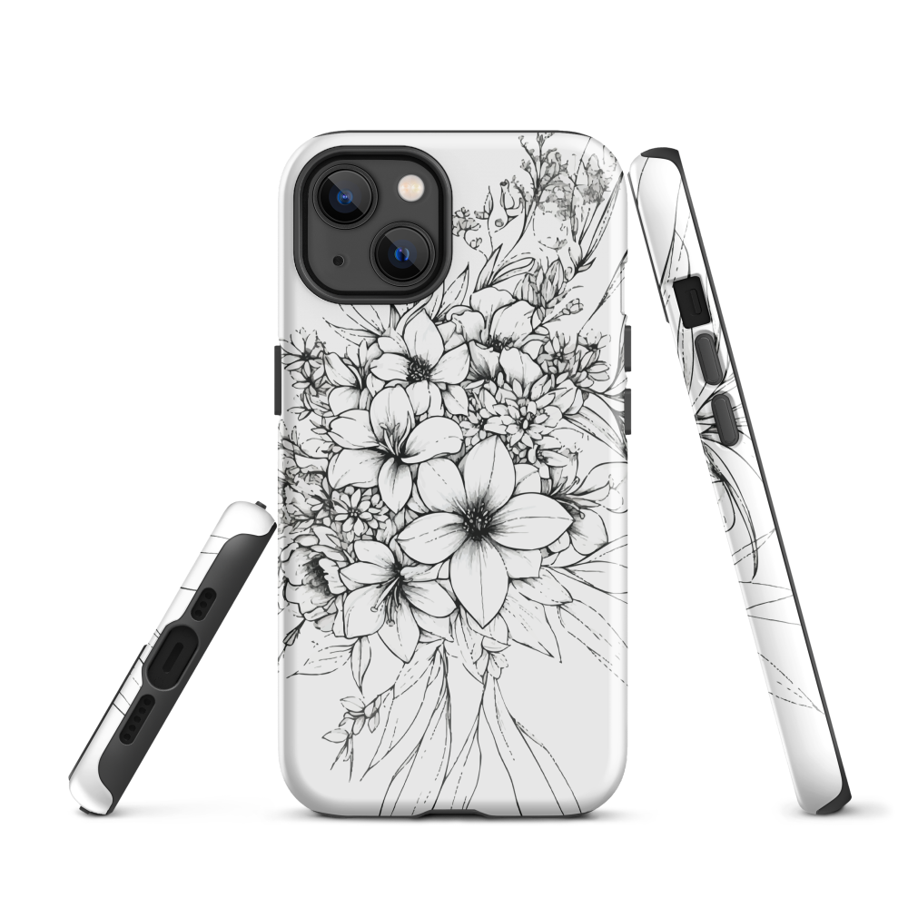 Black and white floral phone case with hand-drawn lilies and wildflowers