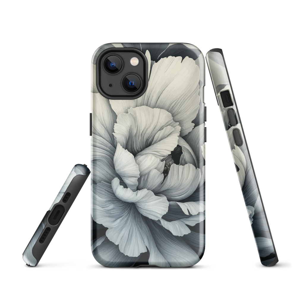 Black and white floral phone case featuring a soft, moody peony design by New Zealand artist Ben Hart.