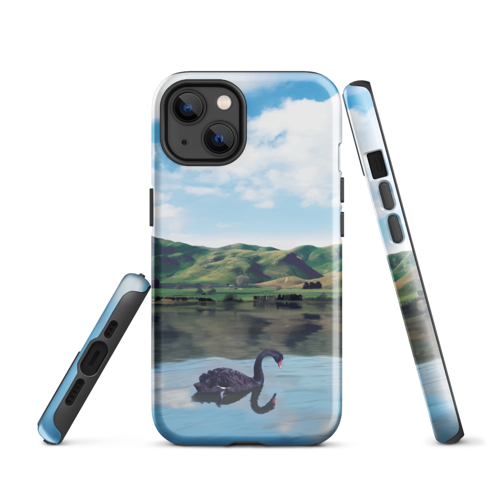 Phone case with a black swan on a calm lake, New Zealand hills in the background. Art by NZ designer Ben Hart.