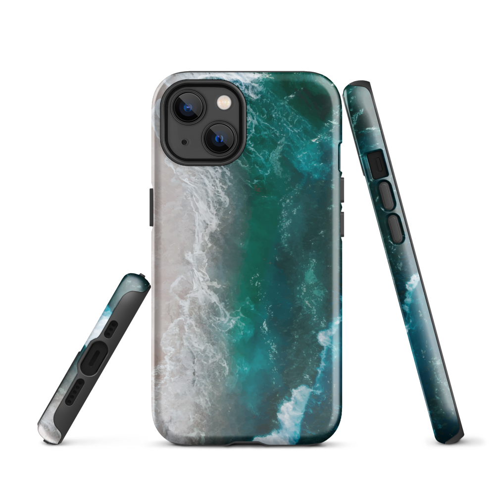Ocean wave phone case with abstract beach design in teal and white, by NZ artist Ben Hart.