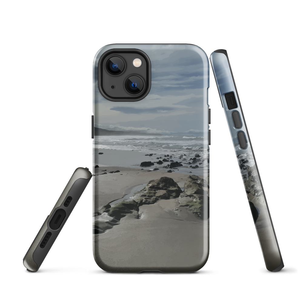 Phone case with artwork of Riversdale Beach, Masterton – rocks, waves and sky by NZ artist Ben Hart.