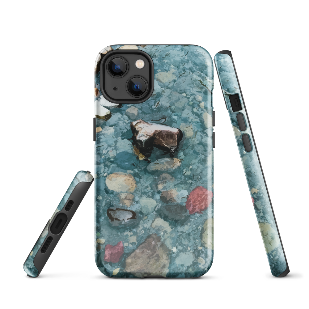 Washed Away designer phone case with abstract river stone artwork in earthy blues and natural tones.