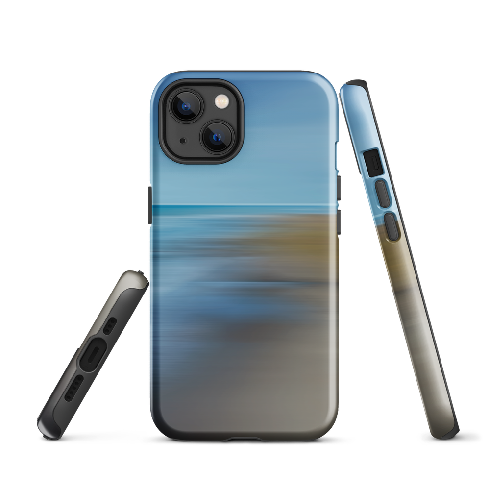 Ocean Breeze phone case with abstract blue and sandy tones inspired by sea and sky.