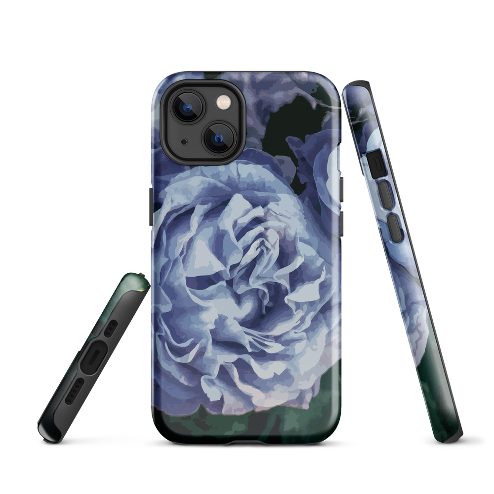 Designer phone case with a bold blue rose artwork and glossy finish.