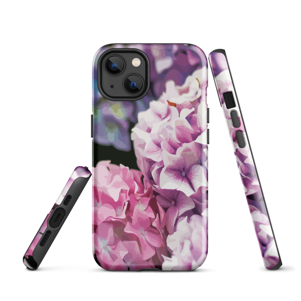 Designer phone case with pink and purple hydrangea floral artwork.