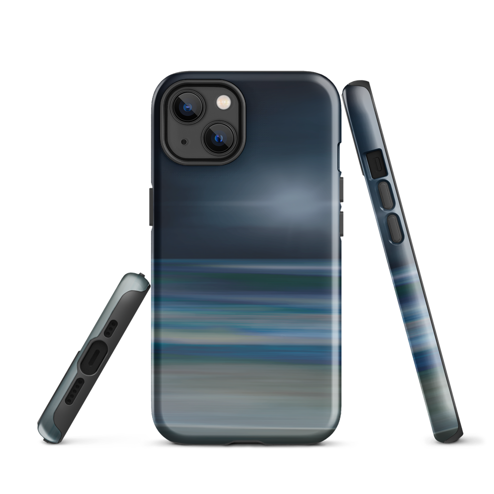 Dark abstract phone case with blue and grey streaks and glossy finish.
