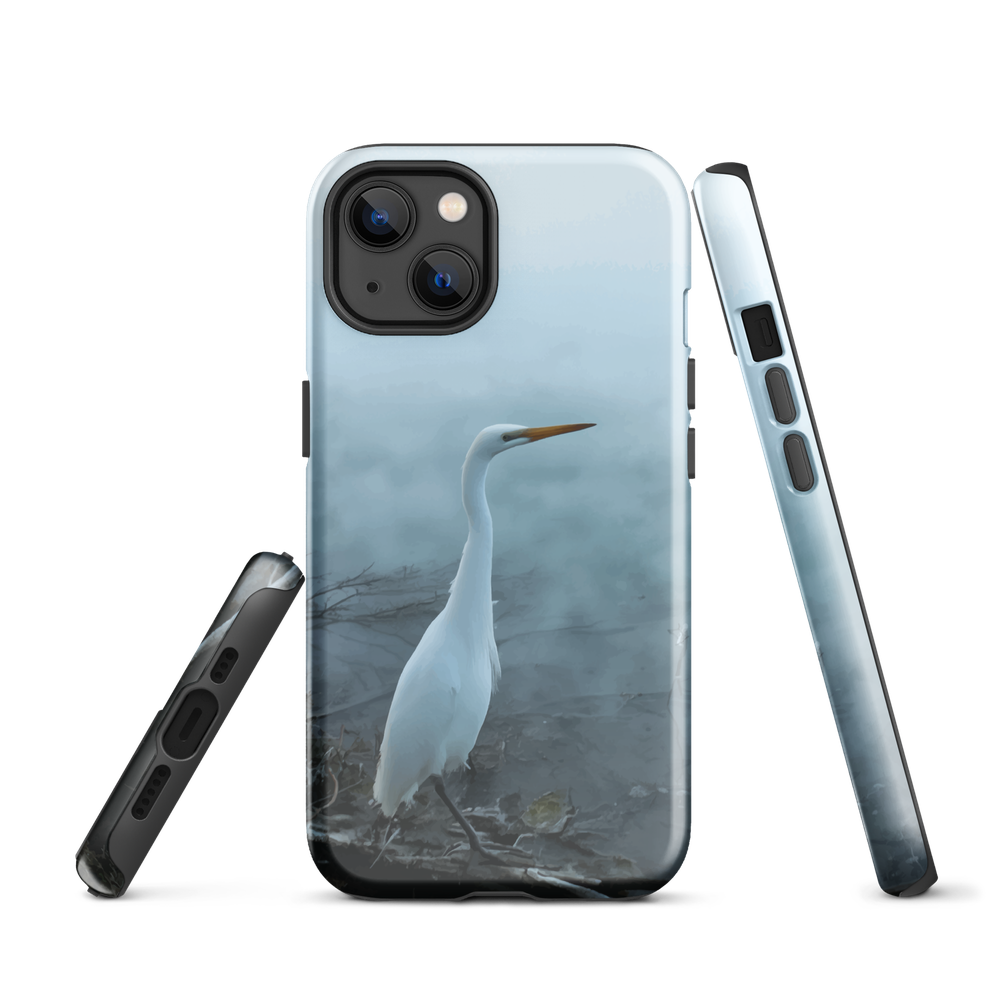 Phone case with a white heron standing in a misty wetland scene.